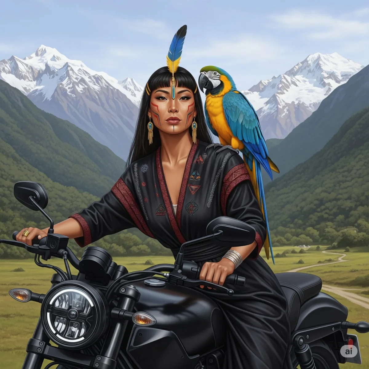 Ilustração Neta com arara nas montanhas